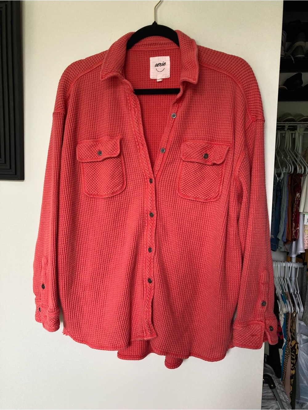 aerie Coral Waffle-Knit Button Shirt